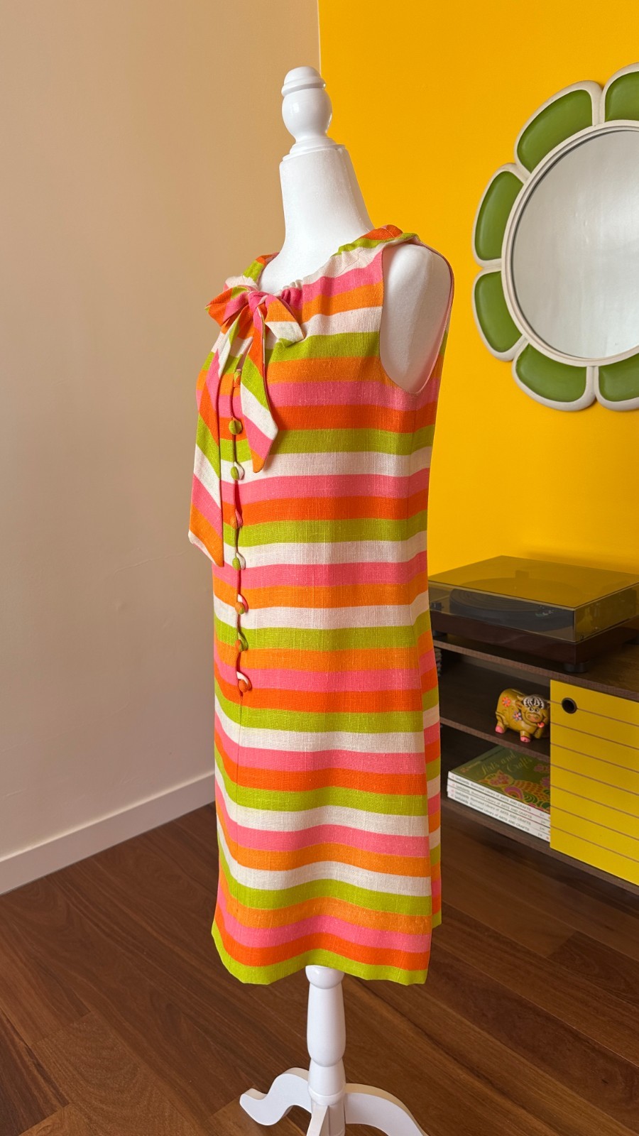 Vintage 60s Mod DayGlo Striped Sleeveless Dress Green Pink Orange Bright Neon S