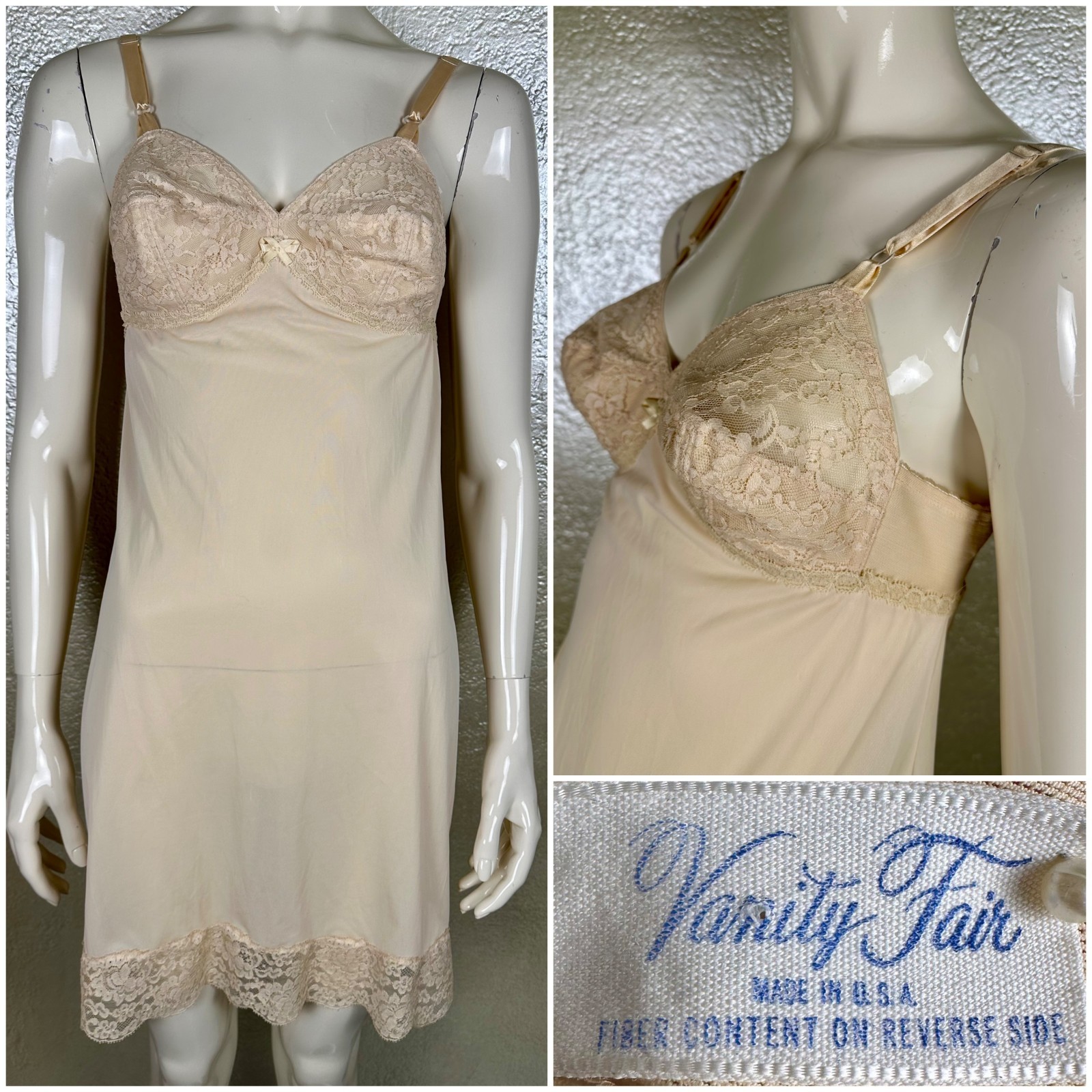 Vintage 1960’s VANITY FAIR Nude Dress Slip Nylon Nightgown Torpedo Bra Lace XS/S