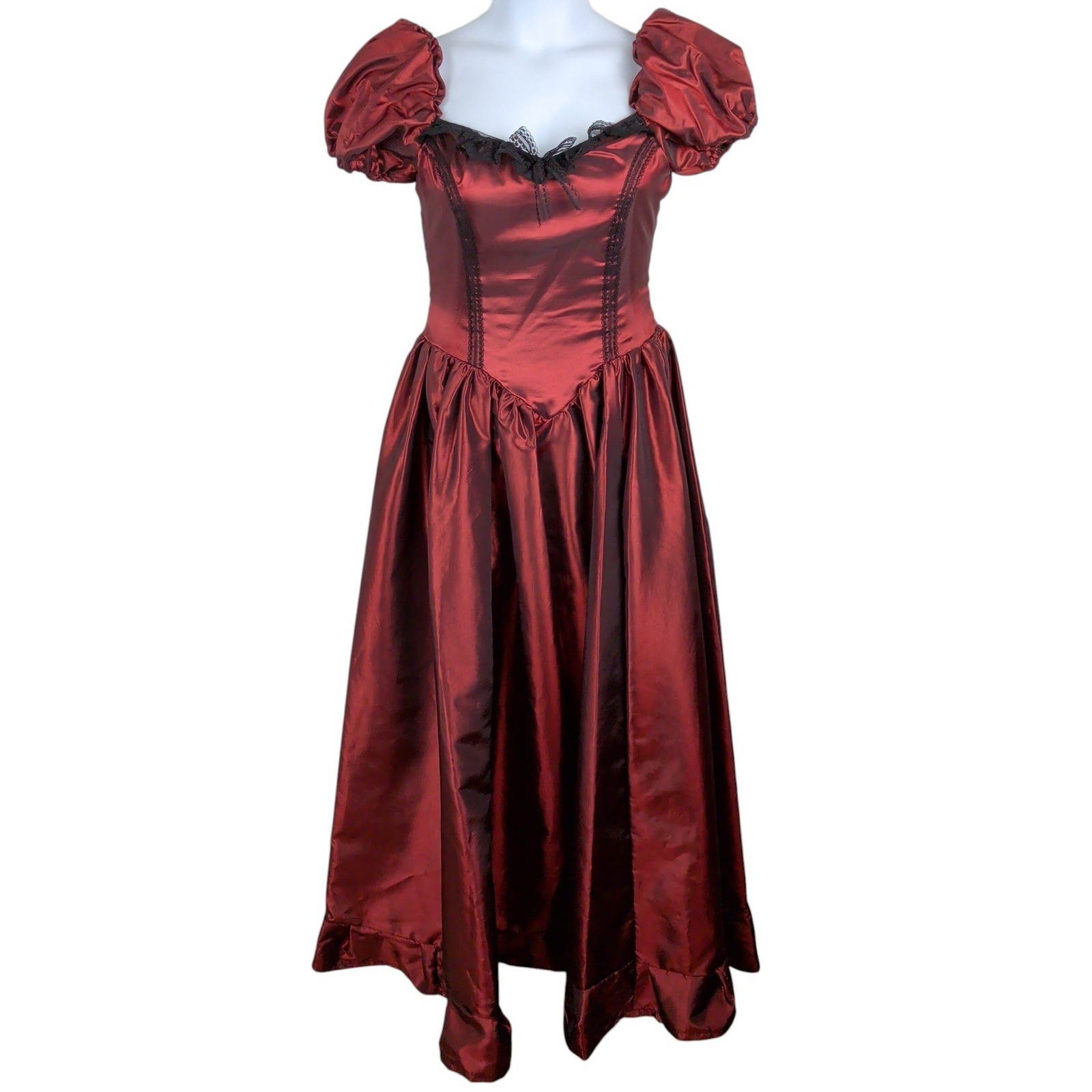 Red Victorian Goth Renaissance Lace Up Corset Dress Puff Sleeve Black Lace Trim