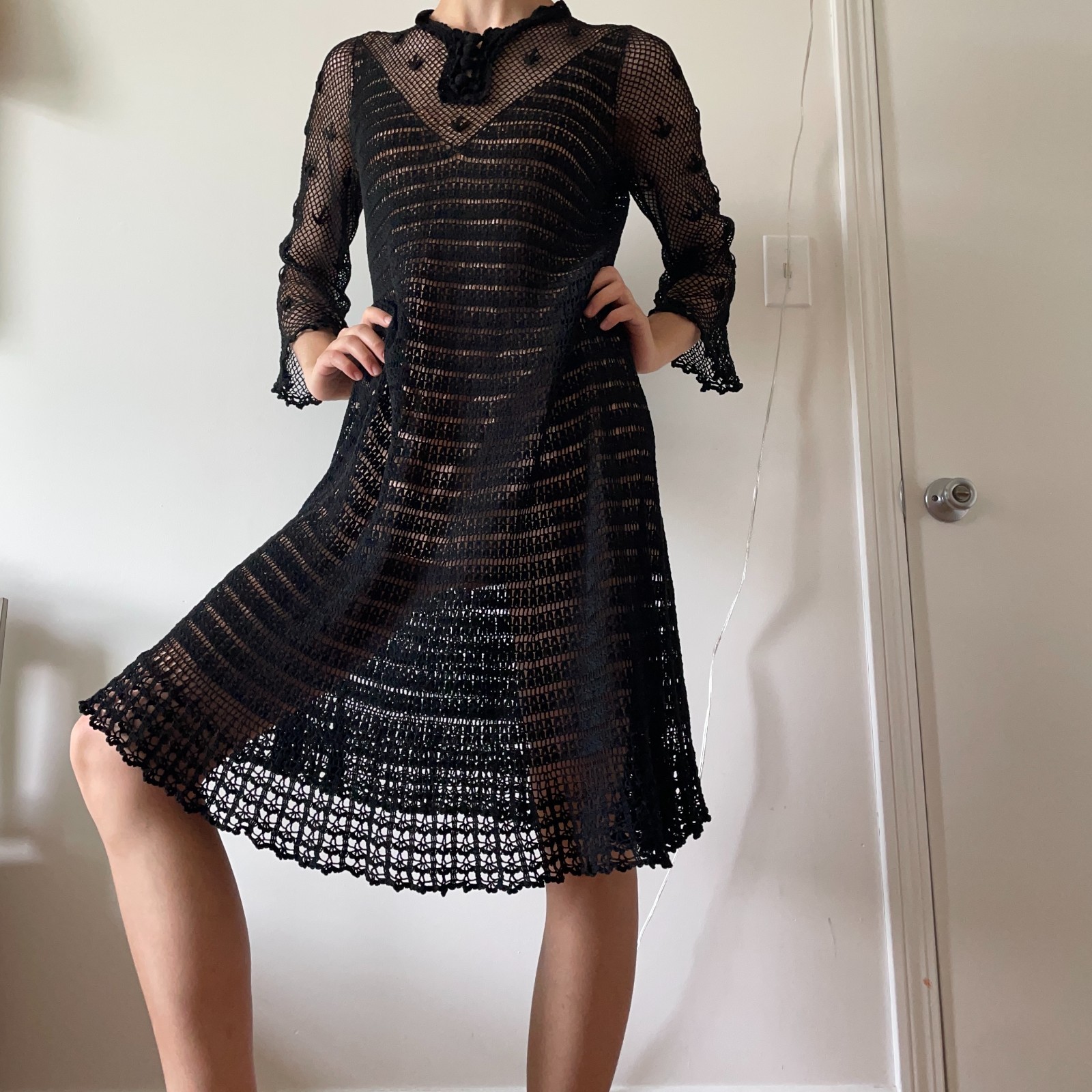 Vintage Black Cotton Hand Crochet Dress Long Sleeve Openweave lace Knit