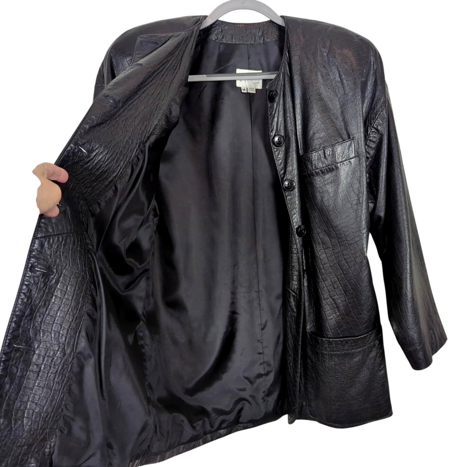 Vintage Vakko Leather Black Jacket Size M Croc Embossed USA Made Button Front