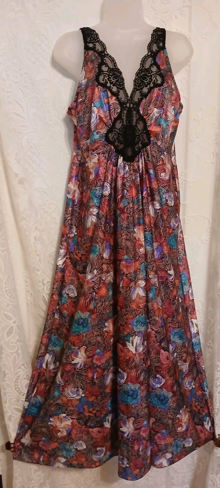 Vintage 80s Vandemere Jewel Toned Floral Black Lace Nylon Nightgown L EUC