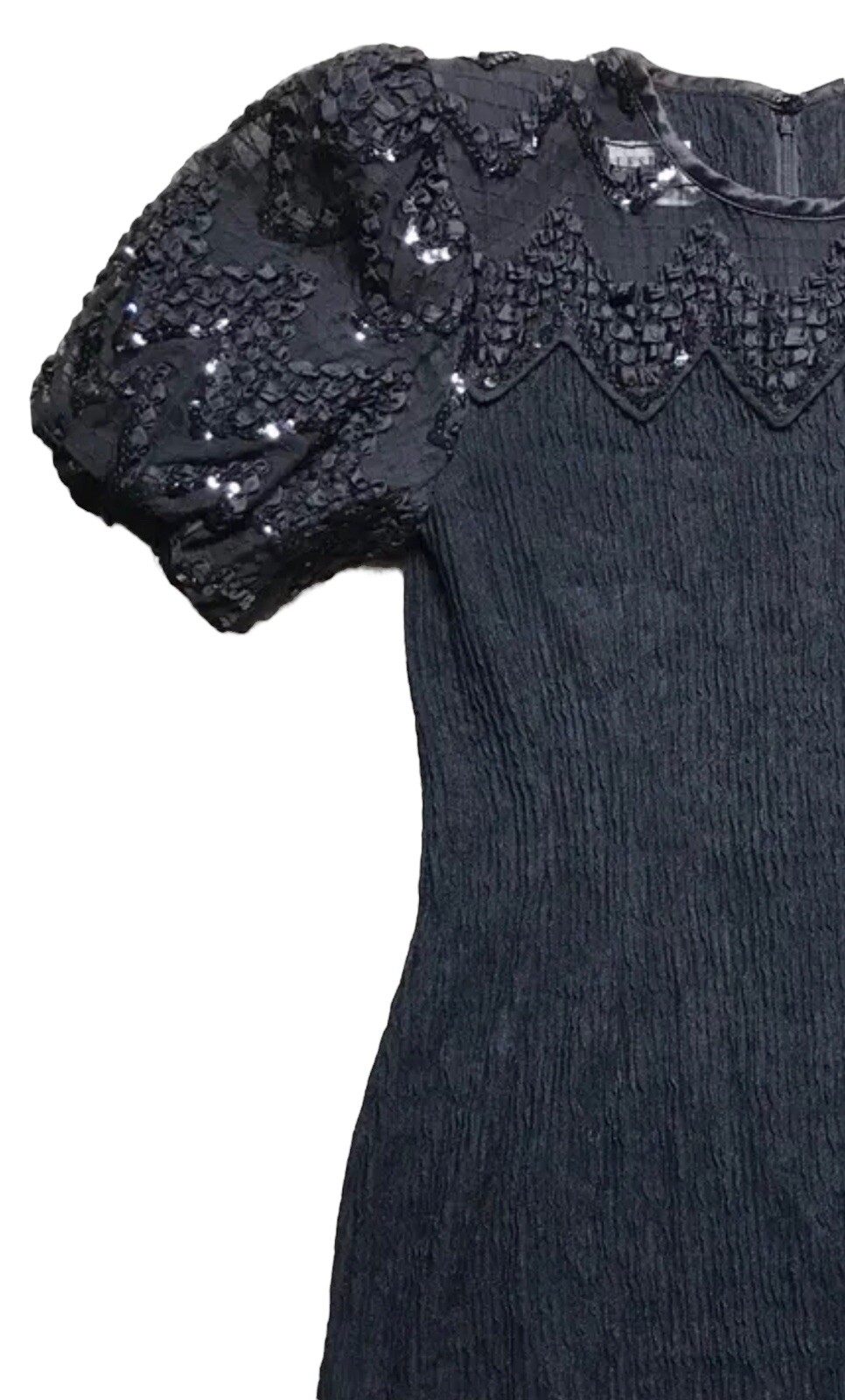 Vintage 80s Leslie Fay Petite Smocked Sequin Black Dress Short Sleeve 4 P Small