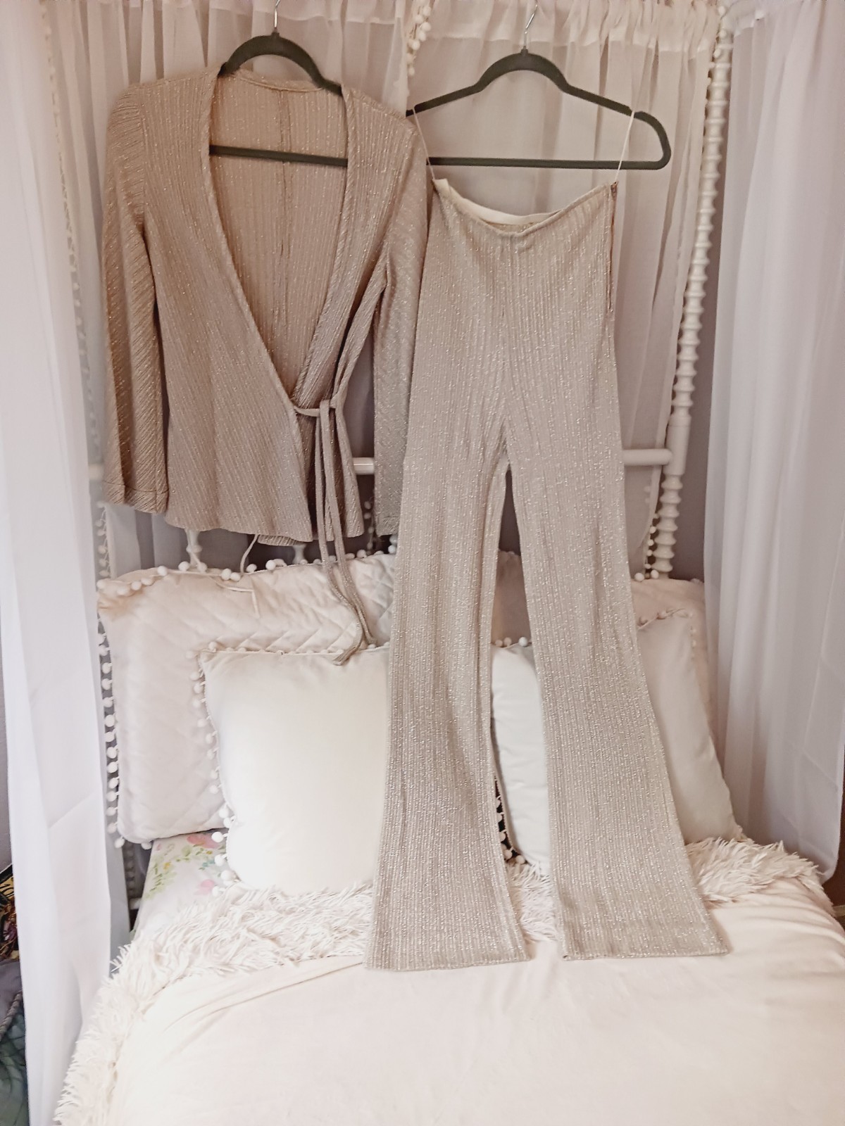 Vtg 70s Nude Metallic Lurex 2pc Pant Set Small Disco Wrap Silver Stretch flare