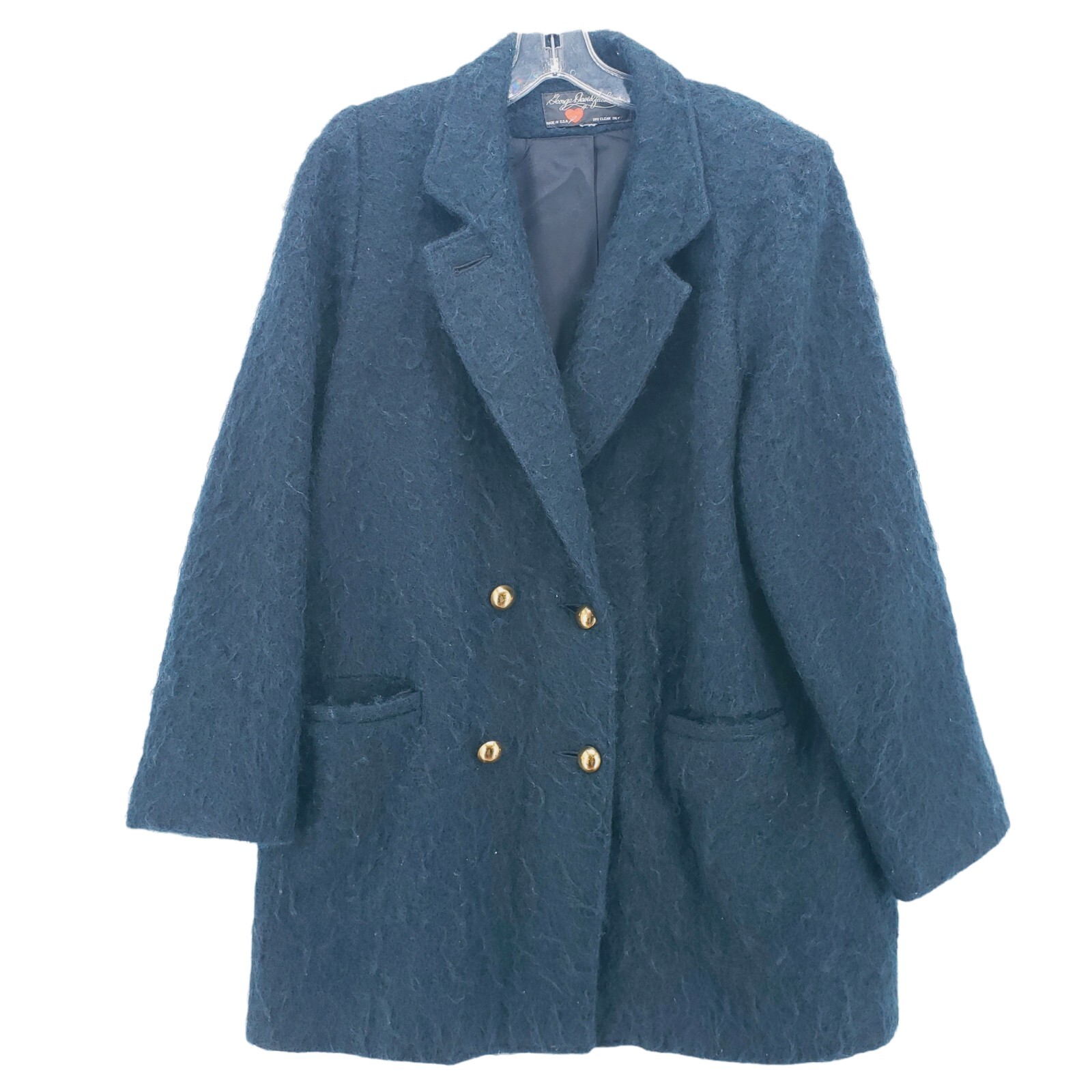 Vintage Dark Teal Blue Fuzzy Mohair Jacket Coat George David Fashion USA L/XL