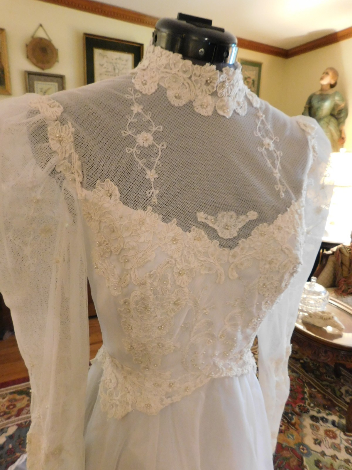BEAUTIFUL WHITE VINTAGE LONG SLEEVE ORGANZA & LACE WEDDING GOWN S 4