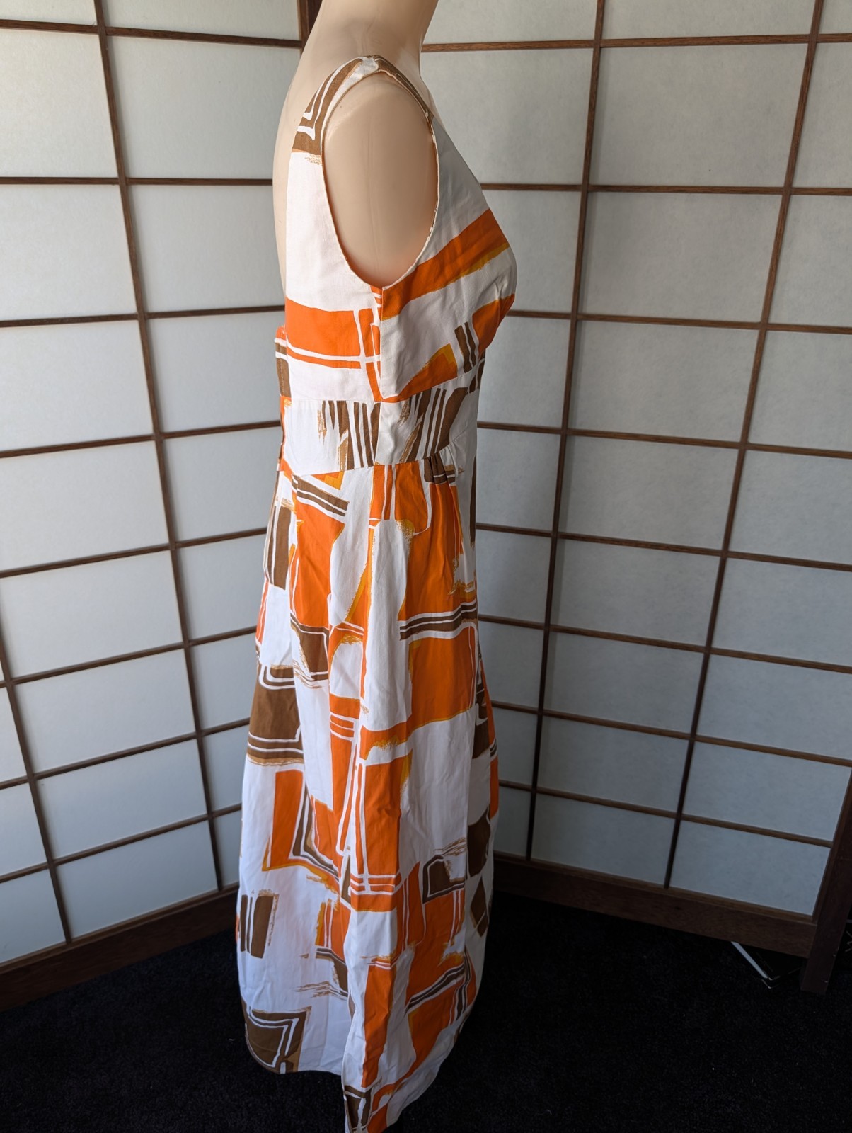 Vtg 1970s Island Casuals Hawaiian Maxi Dress Muu Muu Abstract Graphic Print S/M