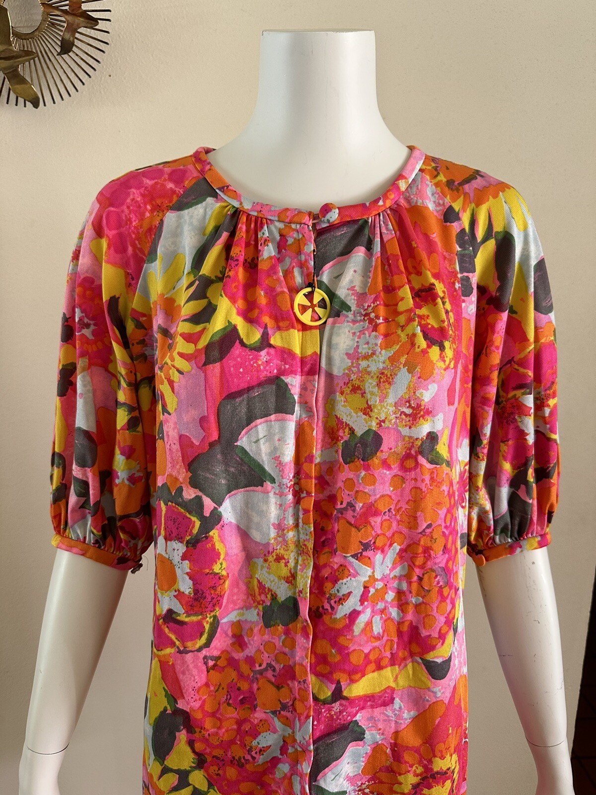 Vintage 1960s Vanity Fair Psychedelic Floral Nylon House Dress Mod Pink Petite