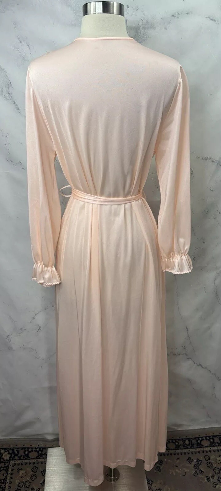 Vtg 70s Peach Nylon Robe Dressing Gown Dress Ethereal Floral Embroidered MCM S/M
