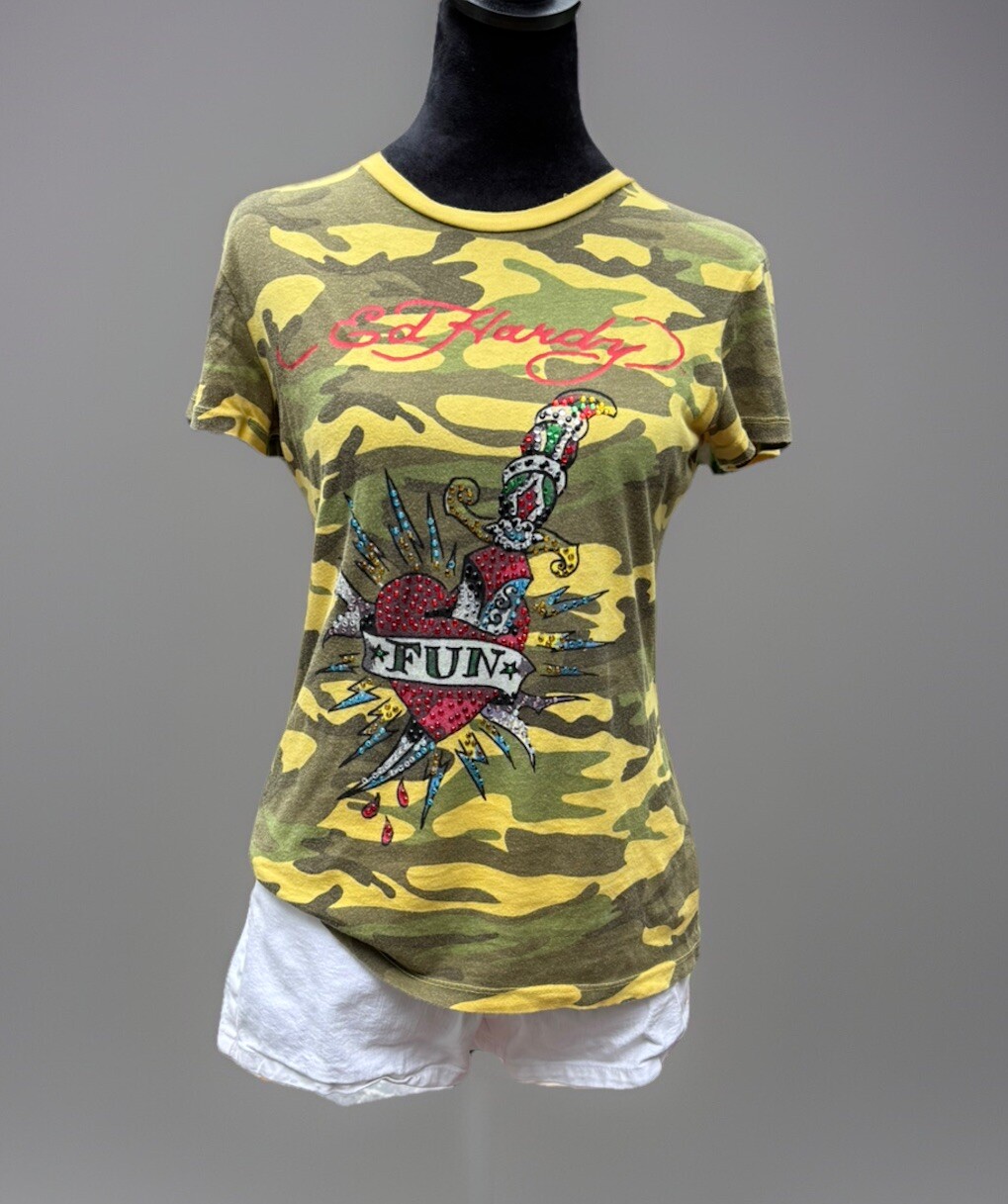 Vtg Y2K ED HARDY Women’s Camo Tee.bedazzle.Small/made USA