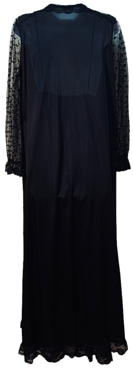 Vintage Black Nylon Sheer Lace Peignoir Robe Nightgown Negligee Long Gown Set M