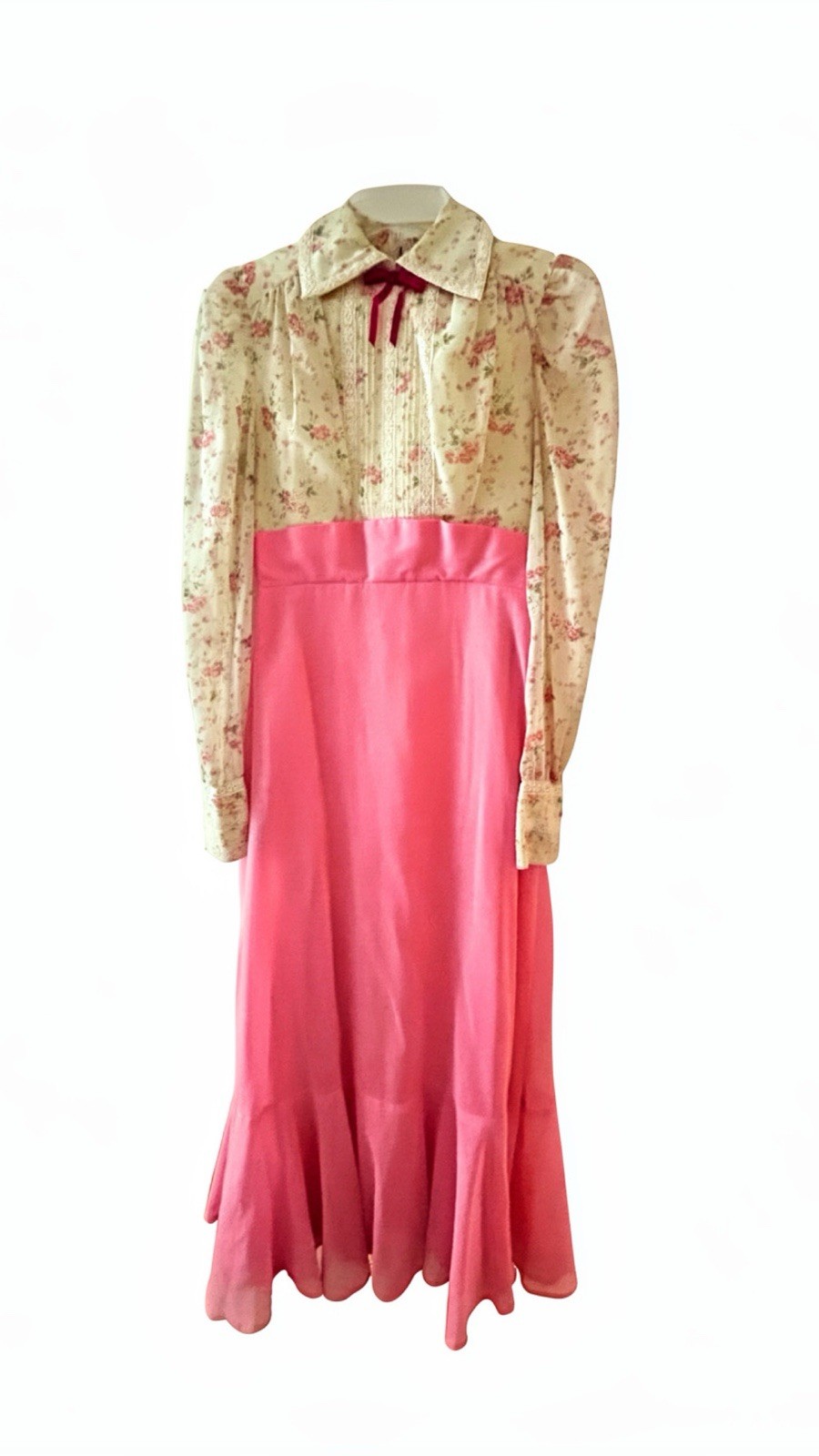 Vintage 70s Floral Prairie maxi lace Dress Lined Zipper USA Made ILGWU