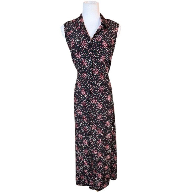 Carol Anderson California VTG Floral Rayon Sleeveless Maxi Dress Black Pink 10