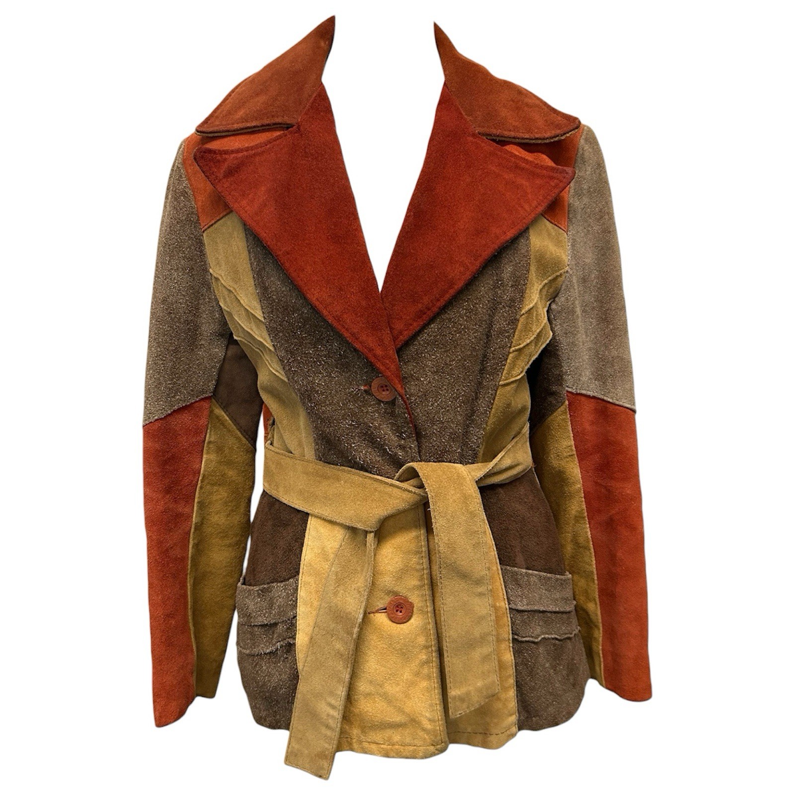 VTG 70s Canada Fashions Patchwork Suede Brown Orange Belted Hippie Jacket S READ