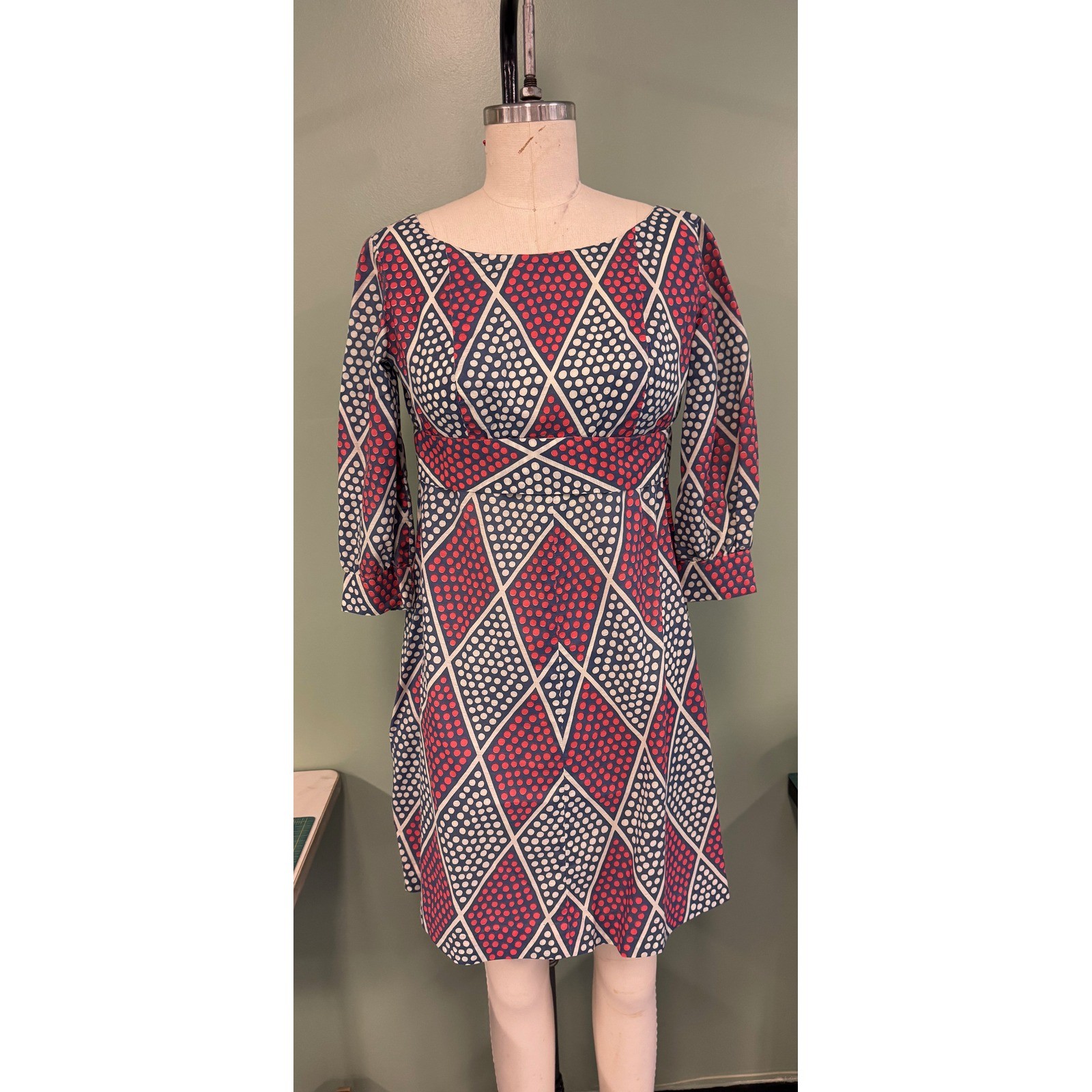 Vintage Geometric Diamond Polka Dot Empire Waist Dress Red Blue White 3/4 Sleeve