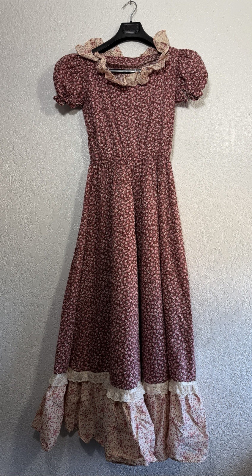 Vintage 70s Handmade Prairie Maxi Dress Floral Puff Sleeve Lace Red & Pink Small
