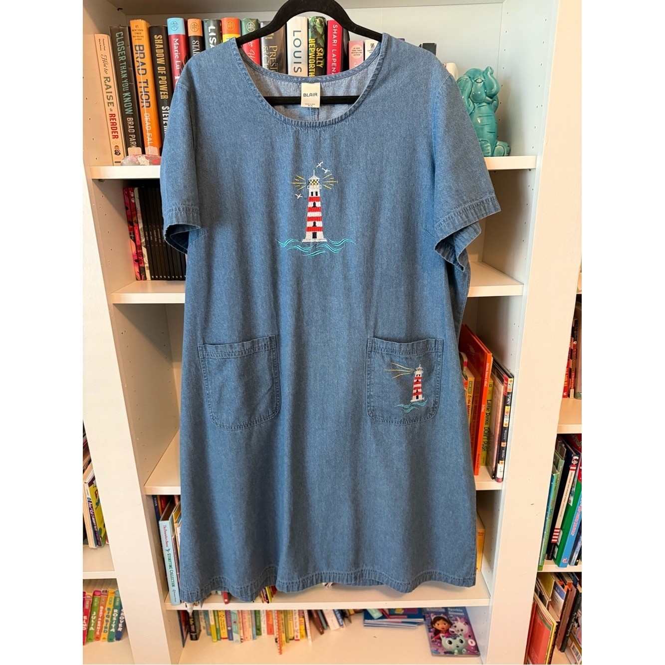 Vintage Blair Denim Dress with Red & White Lighthouse Embroidery
