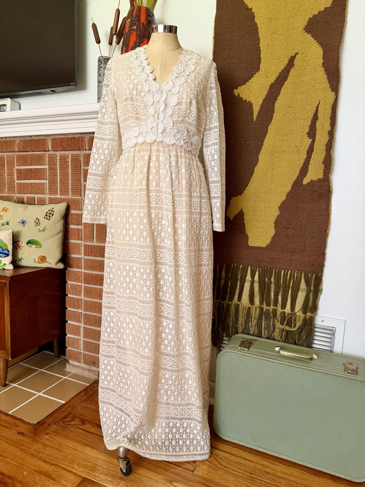 Vintage Victor Costa Romantica 70s Boho Bohemian Hippie White Lace Dress Wedding