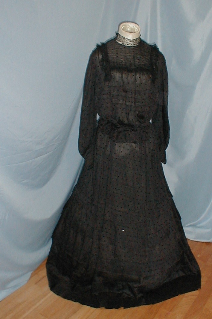 Antique Evening Dress Victorian 1890 Black Dotted Silk Lace Trim