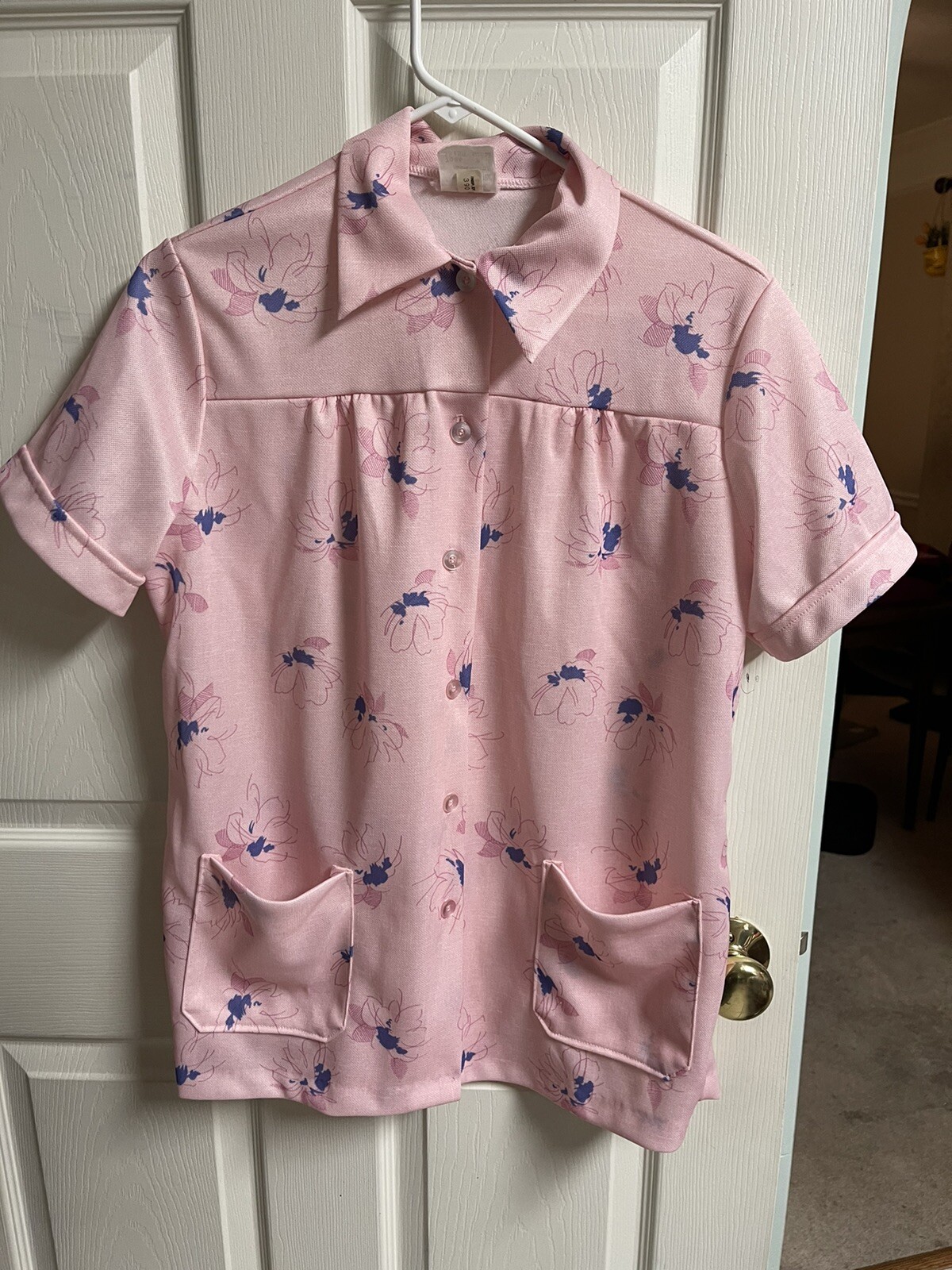 70s VNT Double Knit Polyester Top By Land & Sea Sz XL 40 Bust Shirt Pink Floral