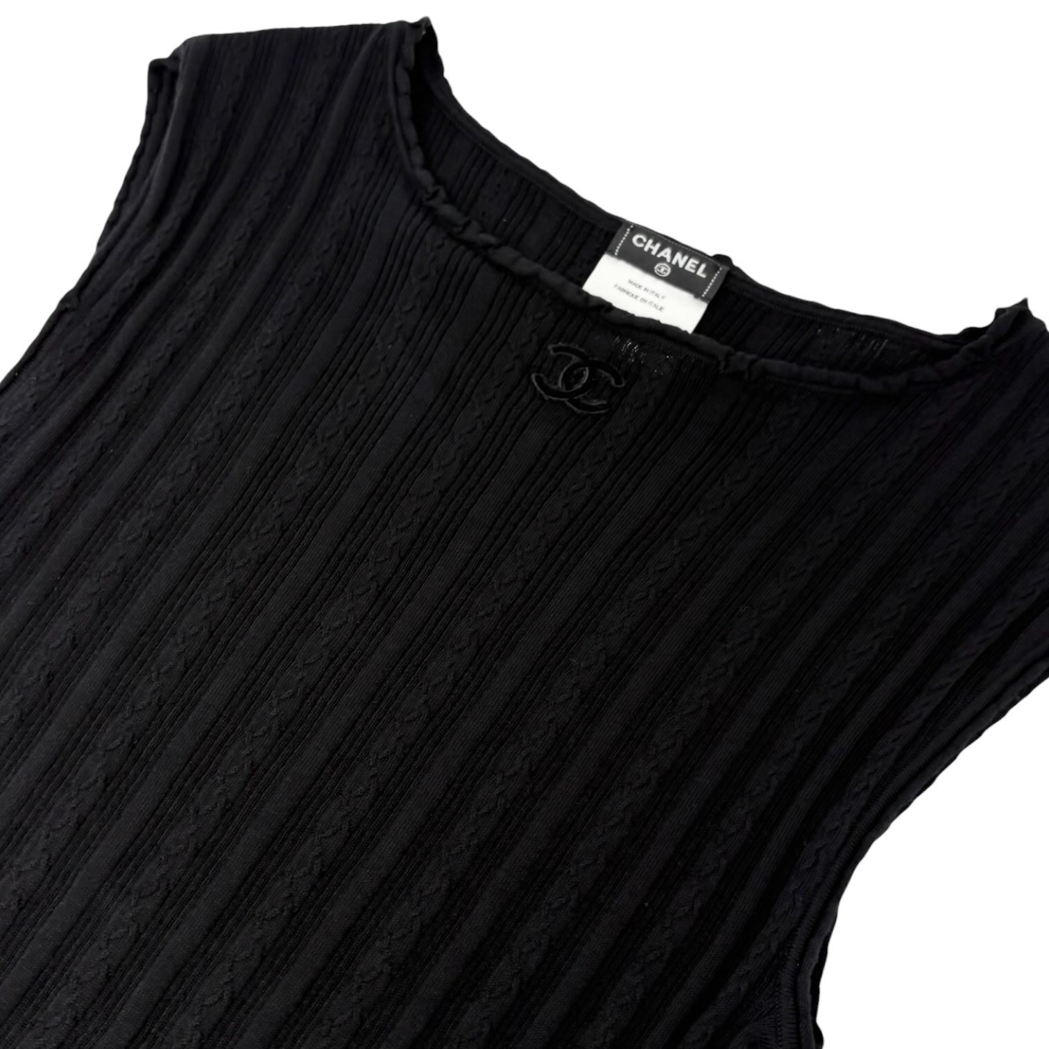 CHANEL P47979 CC Logo Rib Knit Tank Top #38 Black Sleeveless Cotton 901965