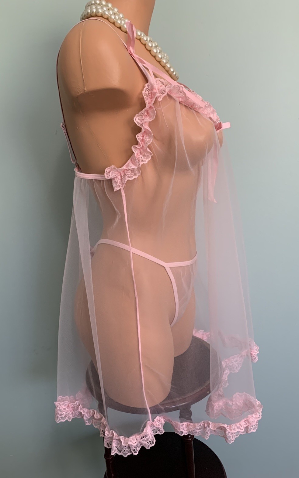 NEW Frilly SHEER Chiffon Nightie Babydoll Negligee L /XL Panties Satin Ribbons
