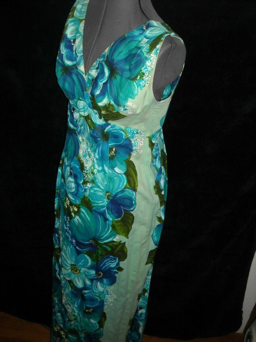 VTG 60S WOMENS SMALL ELSIE KRASSAS WAIKIKI HAWAIIAN PRINT BARKCLOTH FLOWER DRESS
