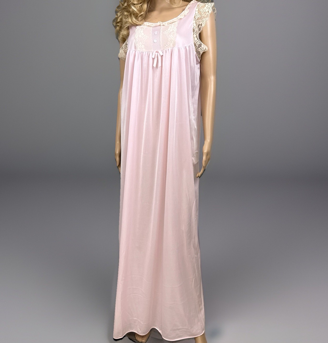 Vintage Indera Mills Pink Nylon Nightgown Large Ecru Lace Flutter Sleeve USA