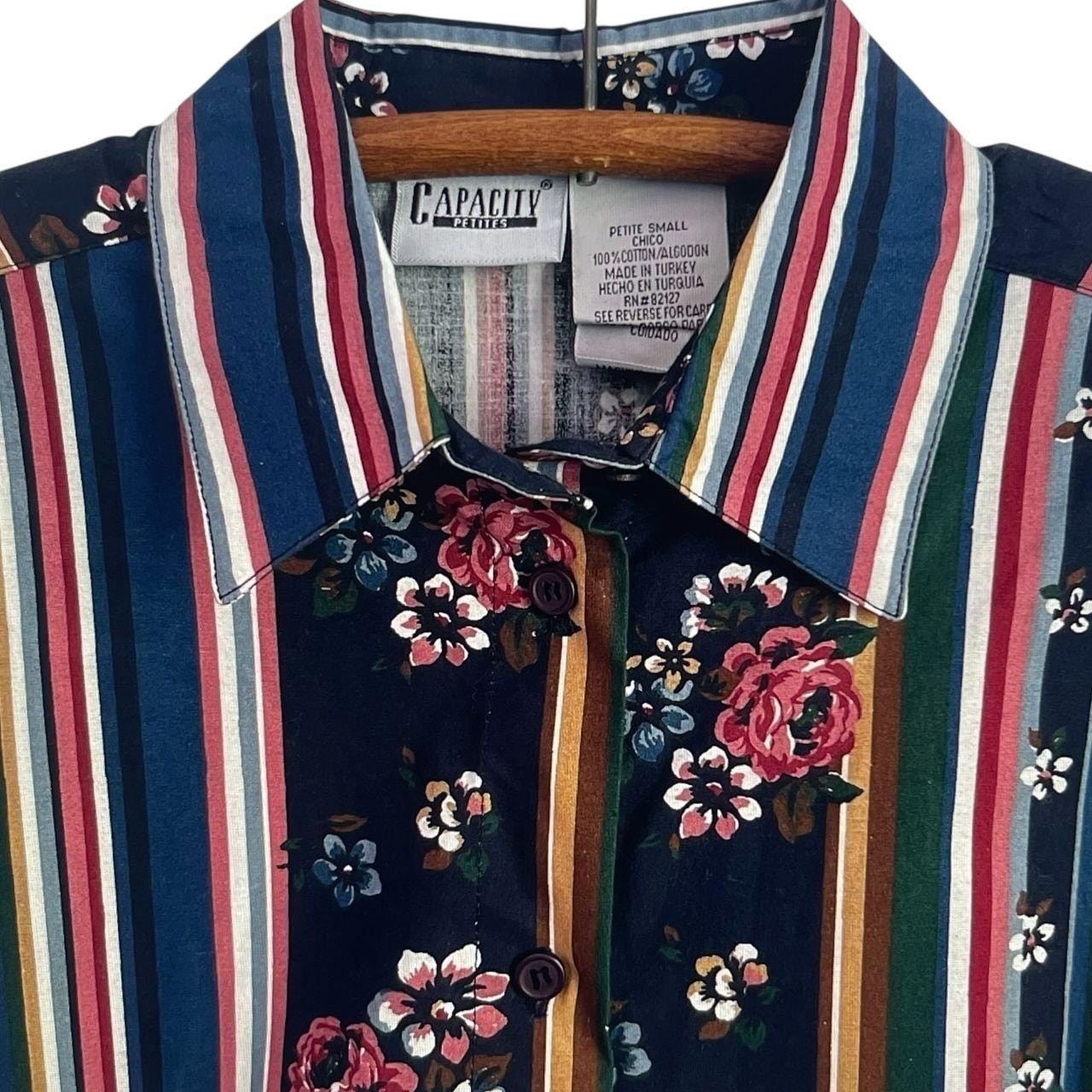 Capacity Petite Striped Floral Button-Up: 80s, 90s, Y2K