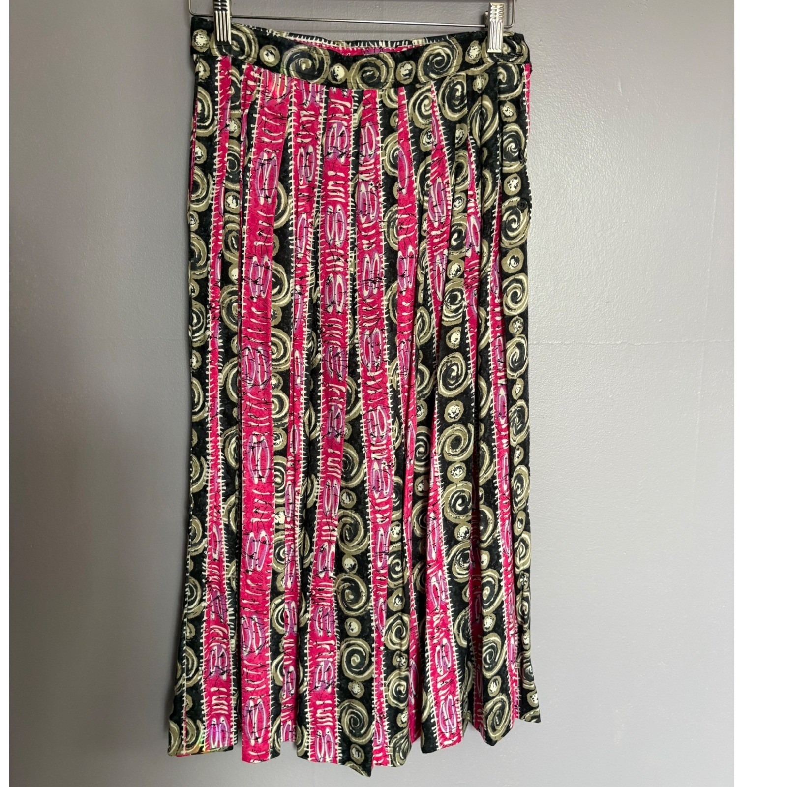VTG 80 90s Segue Pink Abstract Swirl Pleated Midi Skirt Boho Punk Grunge Art SM