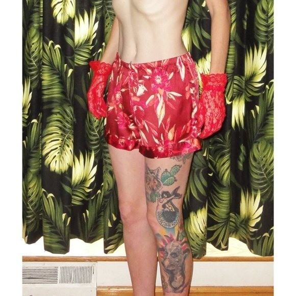 Vintage Red & Pink Floral Pajama Shorts L pinup retro sleepwear bottoms