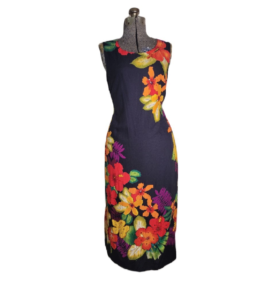 Vintage 80s 90s Black Floral Bright Hawaii Midi Dress Tie Back Shift M/L Beaded