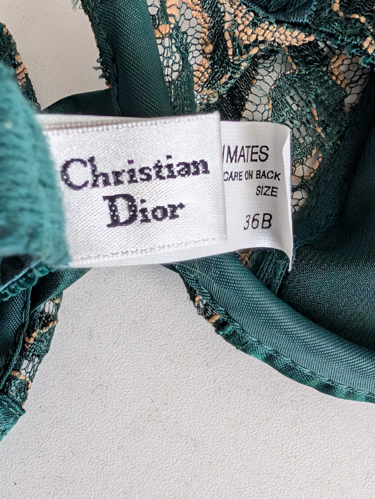Vintage Christian Dior Intimates Lace Underwire Bra 36B Emerald Green 4775