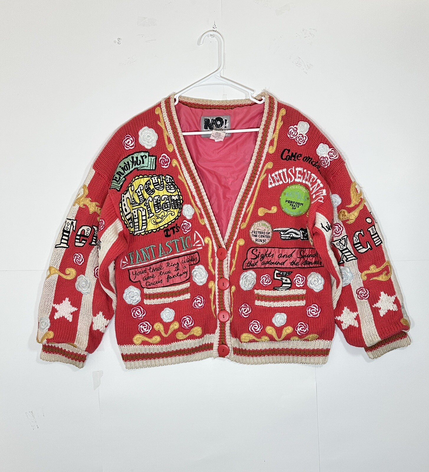 VTG NO! The Jeans Revolt One Size Embroidered Sweater Circus Dream Pink Red RARE