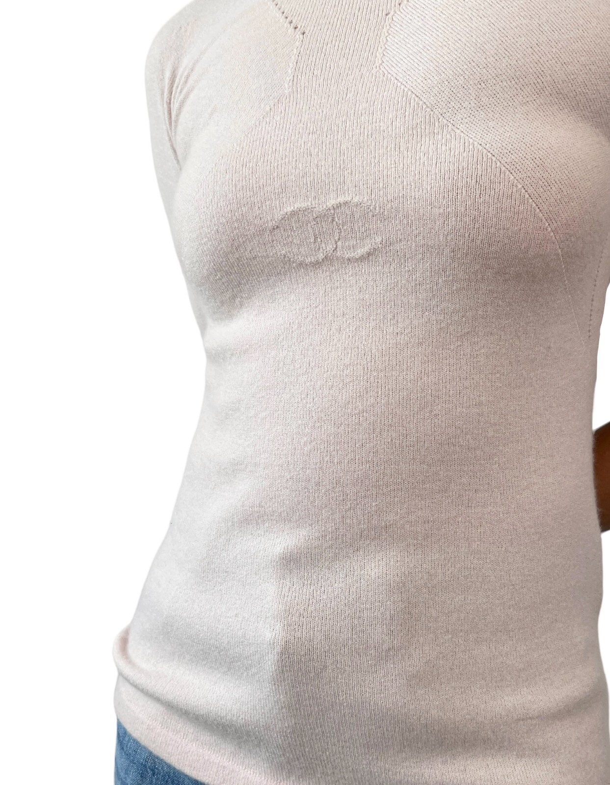 CHANEL Vintage 02A CC Mark Logo Knit T-shirt #38 Top Light Pink Cashmere Rank AB