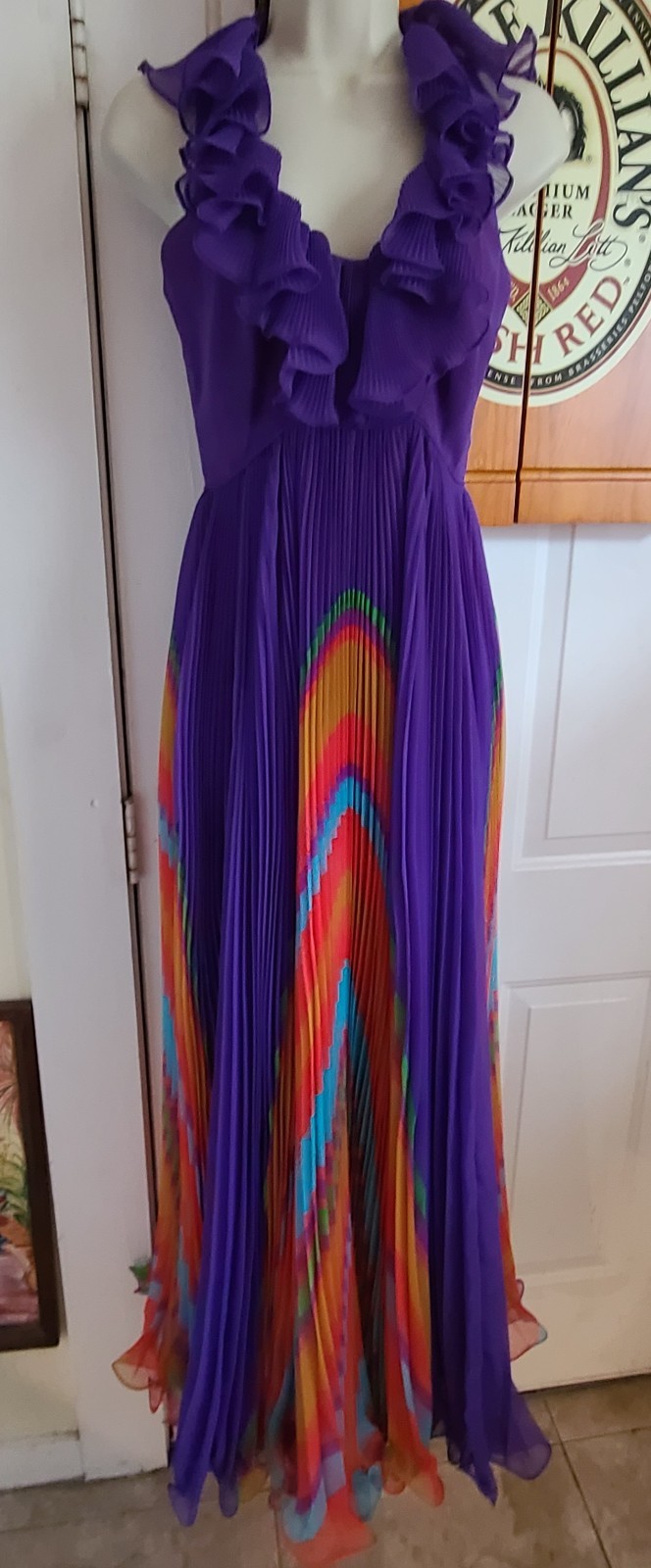 VTG Chiffon Pleated Rainbow Stripe Purple Maxi Dress Ruffle Collar V Neck UV Glo