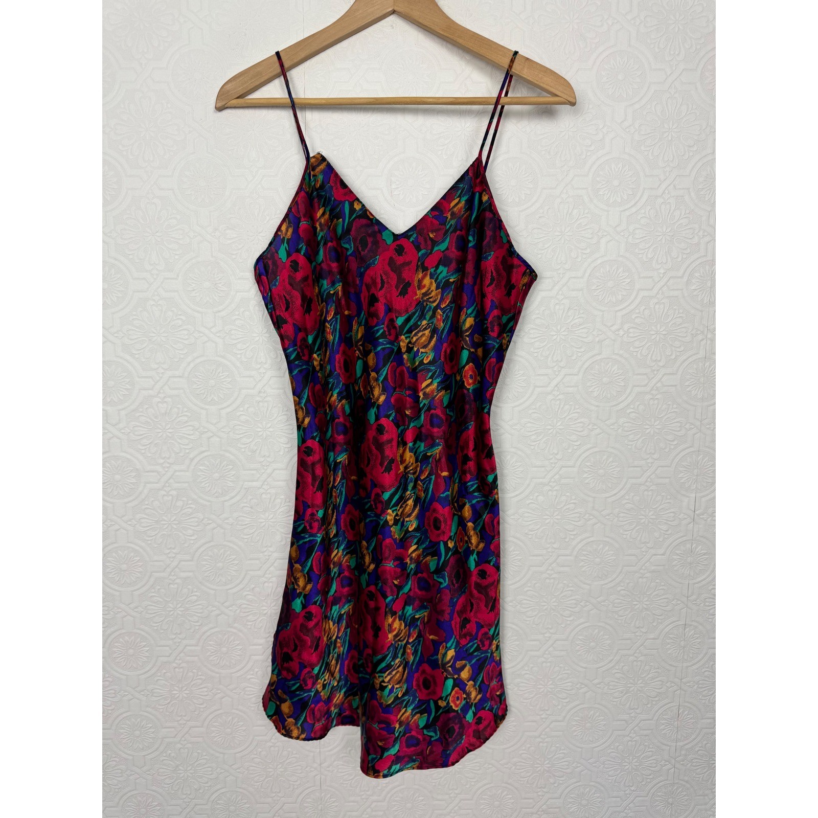 Vintage Sedu Floral Slip Dress Multi-Color Satin Mini V-Neck Spaghetti Strap 90s