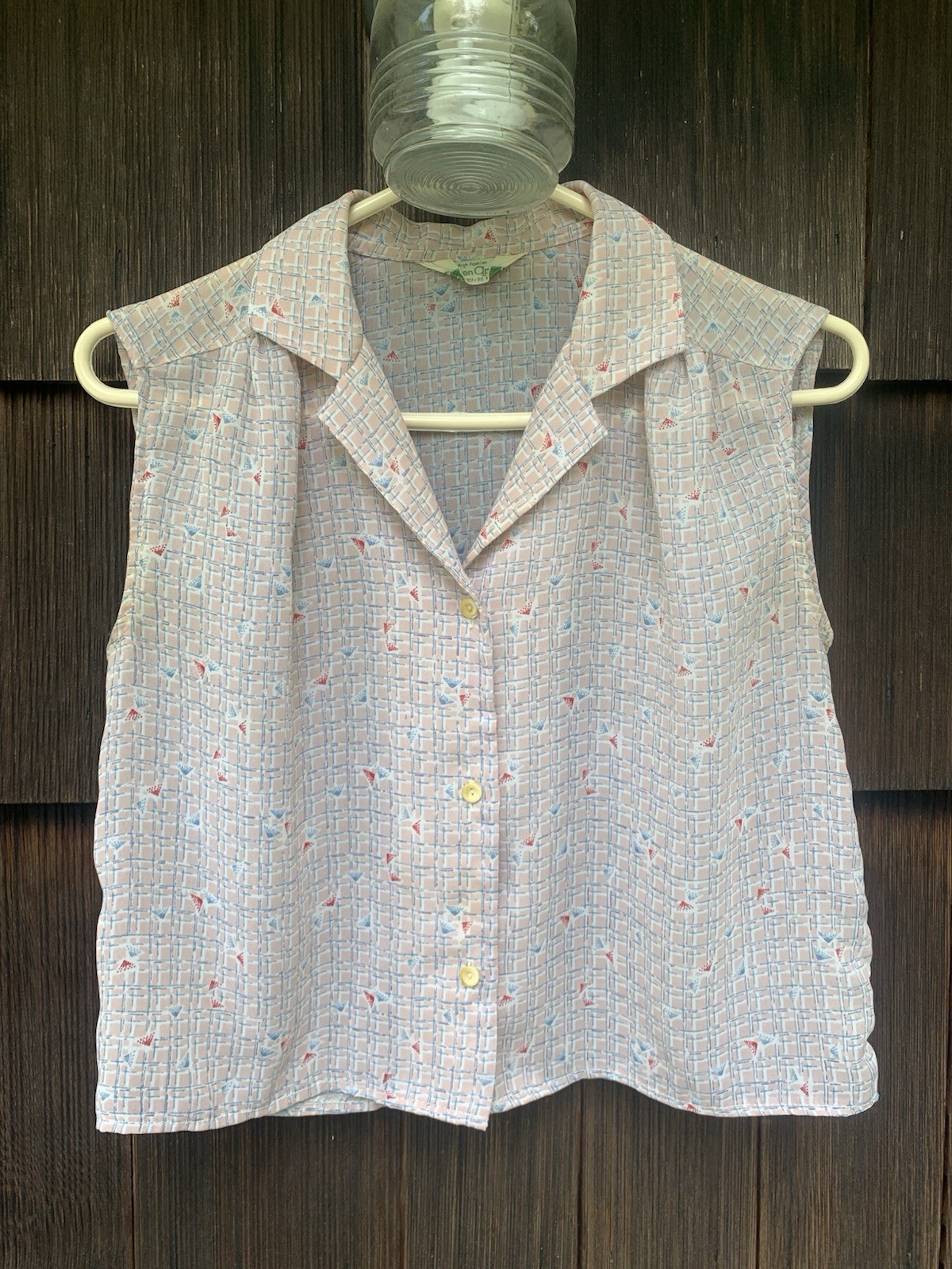 Vintage 80s New Wave Sleeveless Gauze Button Down Crop Summer Blouse Cotton S