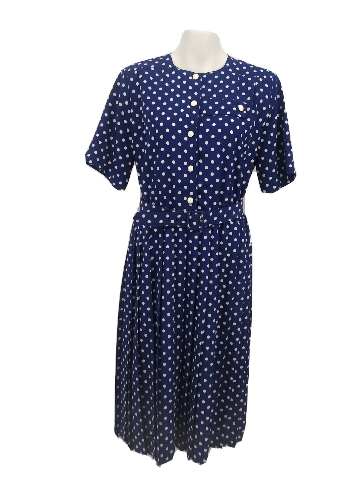 Vintage 70s 80s Serbin Size 14 Shirt Dress Belted Blue Polka Dot