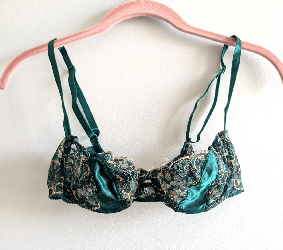 Vintage Christian Dior Intimates Lace Underwire Bra 36B Emerald Green 4775