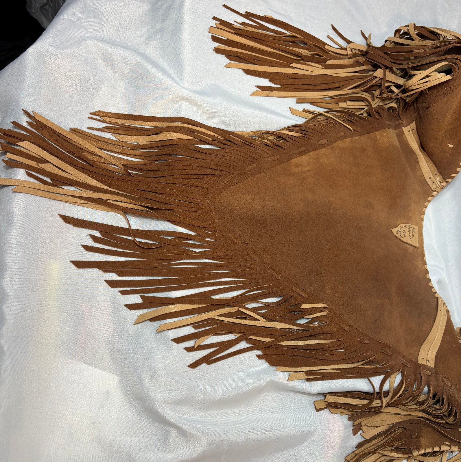 Blue Bonnet Rose Leather Brown & Tan Vest Fringed Turquoise Beads Boho Western