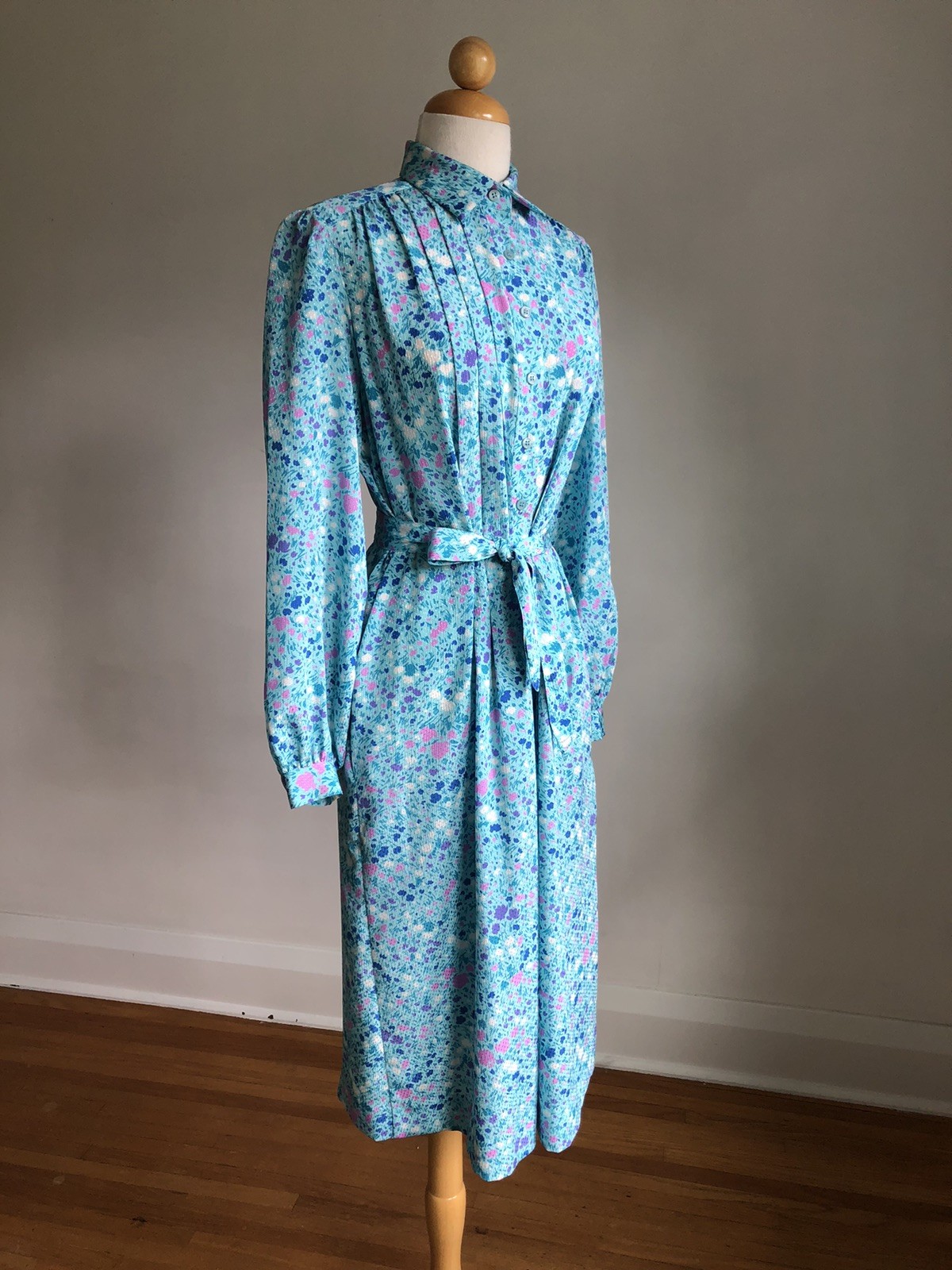 BEAUTIFUL VTG SCHRADER SPORT New York Blue Floral Silky Button-up Midi Dress 10