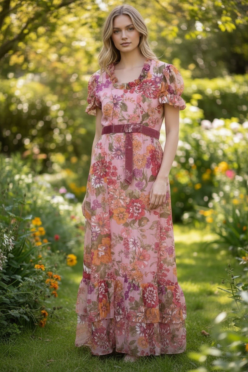 Vintage 70’s Boho Fairy Maxi Dress Festival Hippie Floral Ruffle Whimsigoth S/M