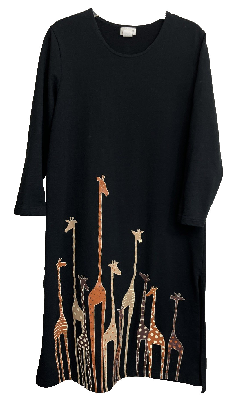 Cite VTG Maxi Dress Size PM Black w/ Giraffes Art to Wear Lagenlook Cotton USA
