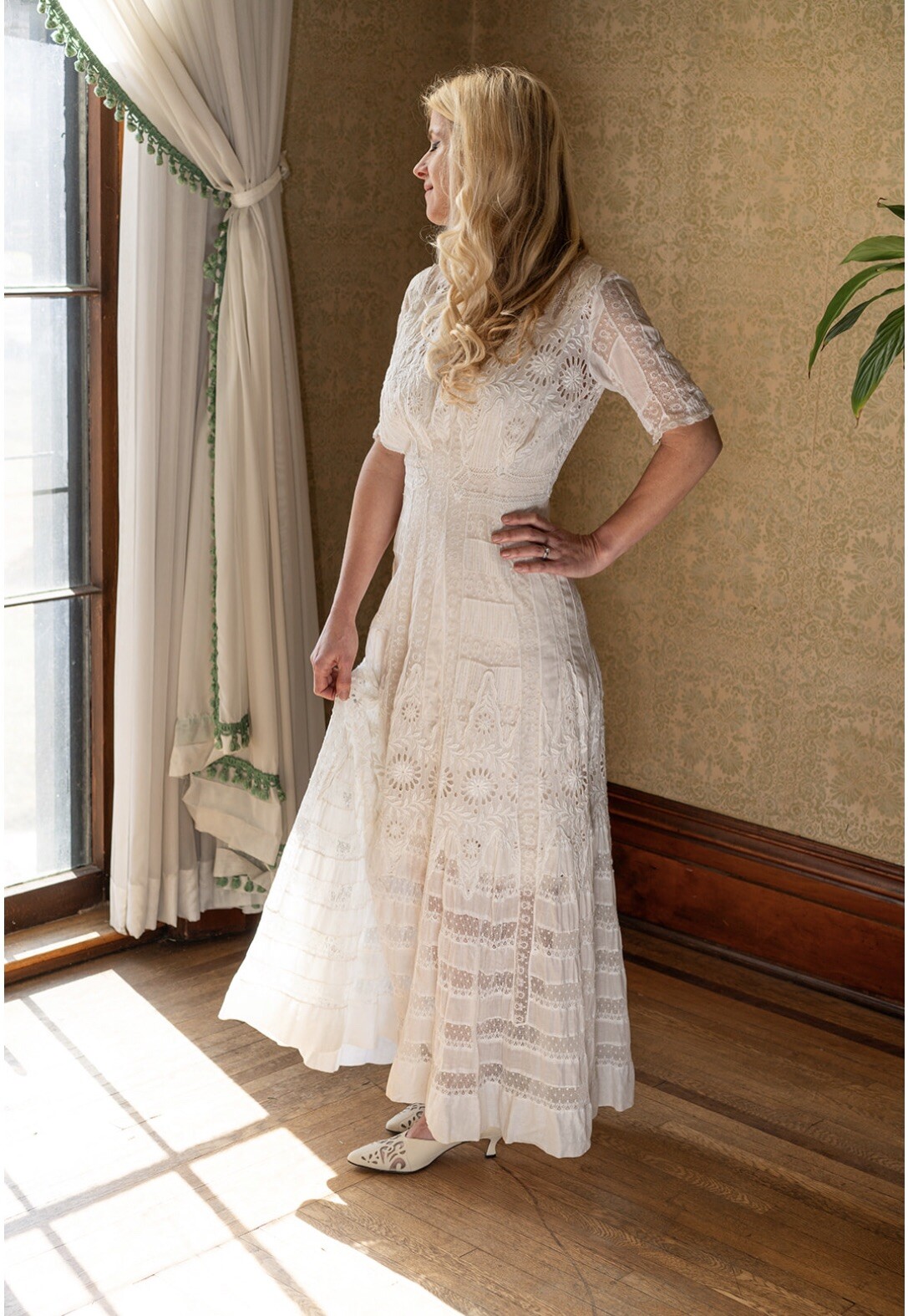 Antique White Edwardian Mixed Lace Lingerie Day Dress, XS