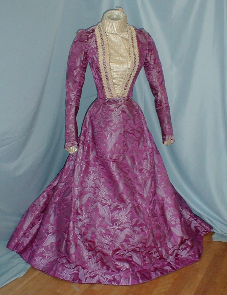 Majestic Antique Evening Dress Victorian 1890 Leaf & Floral Print Copper Satin