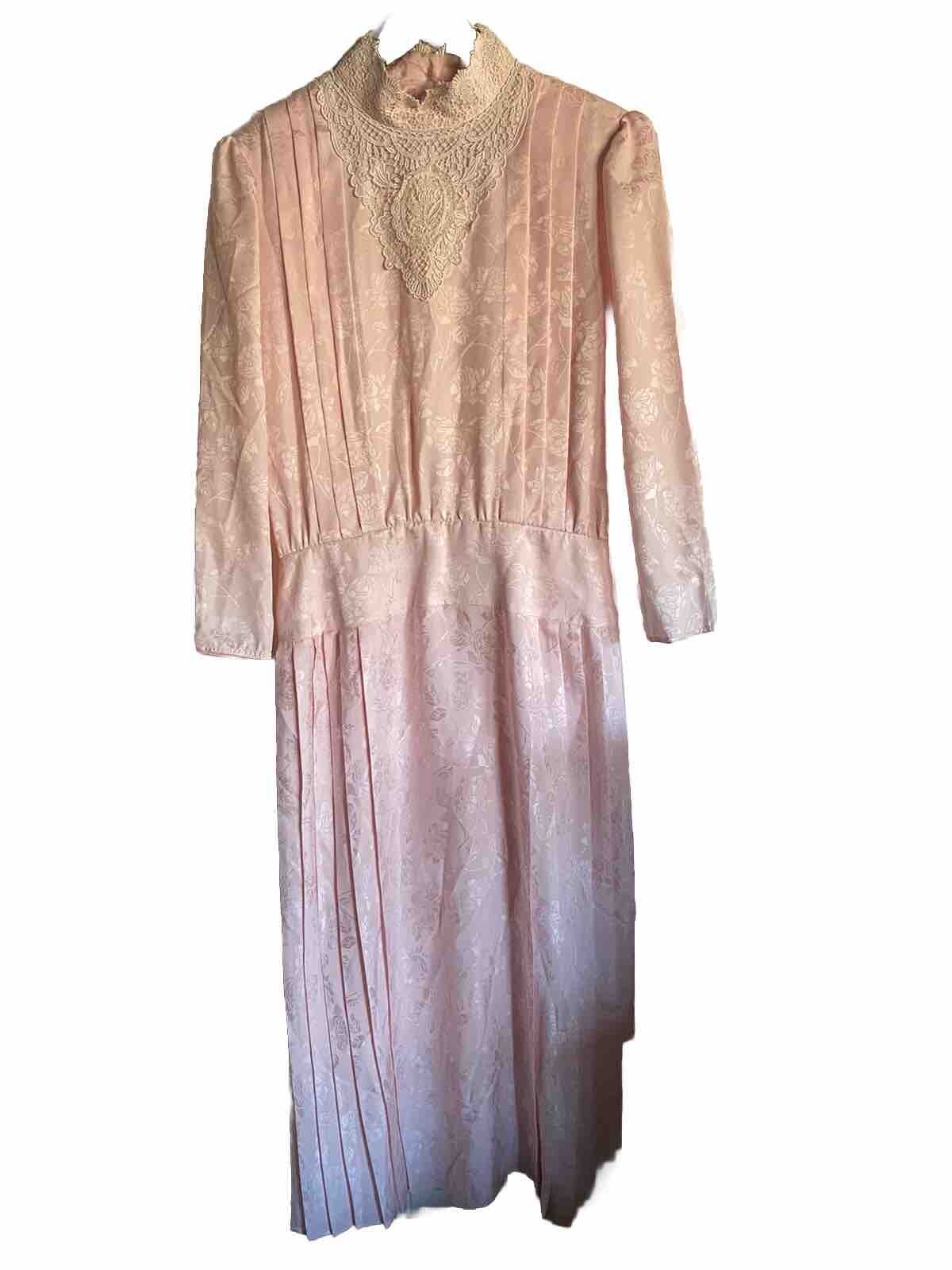 Vintage CC Courtenay Dress Pale Pink Lace Trim Pleats Maxi SZ 16 Wedding Church