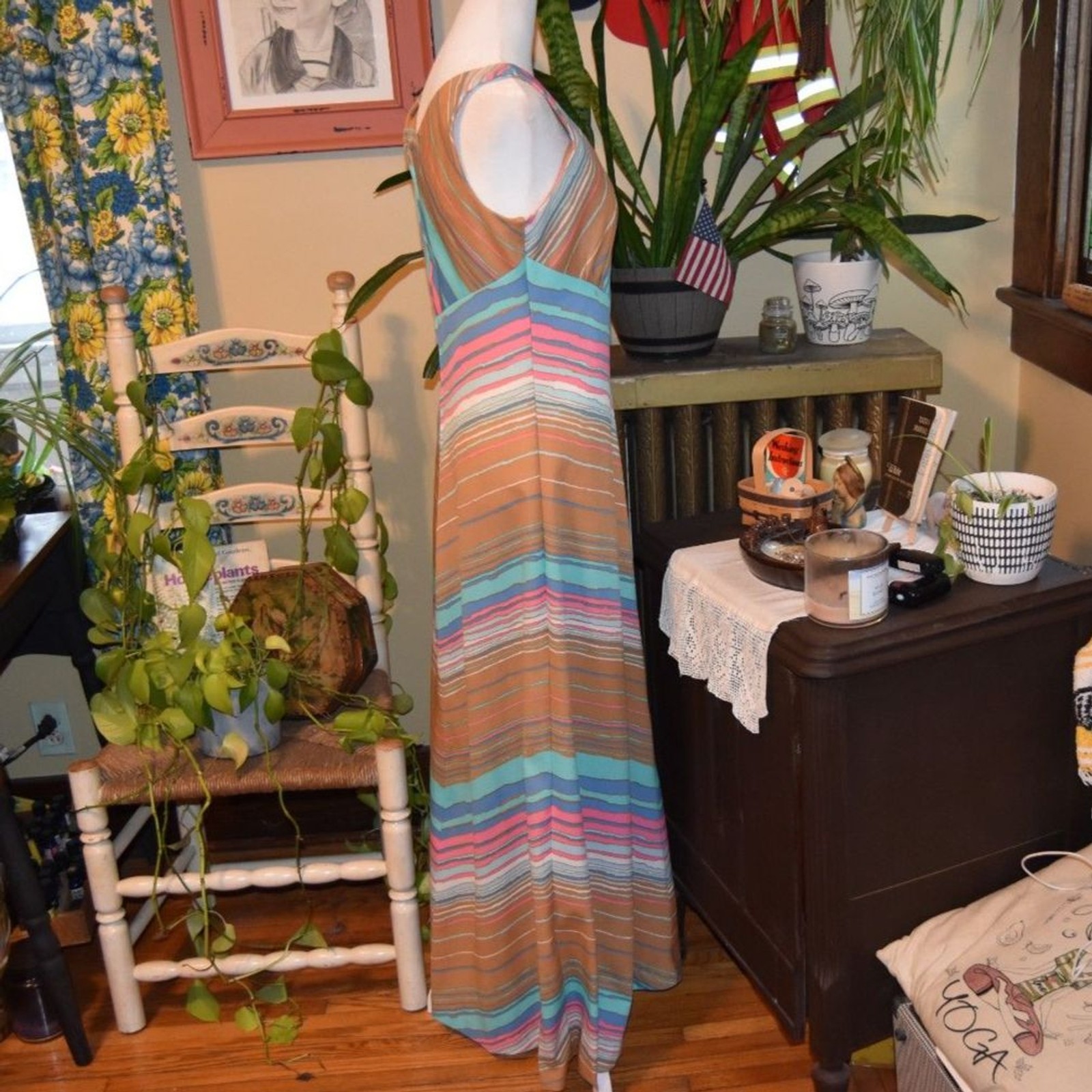 Vintage 1970s Yves Jennet Maxi Striped Psychadelic dress Sleeveless Size Small