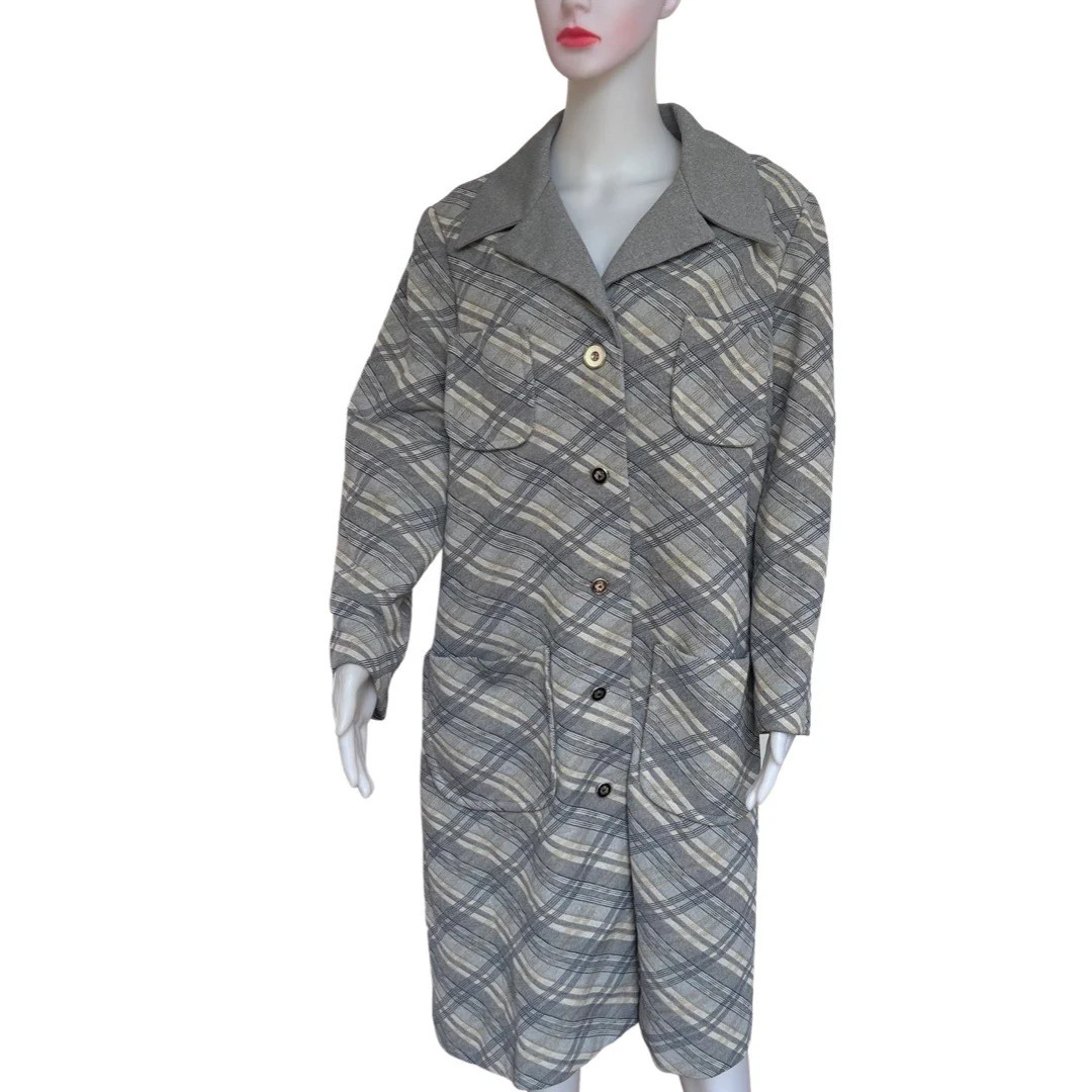 Vintage 1960s Plus-Size Blue Plaid Car Coat Polyester Knit Size XL