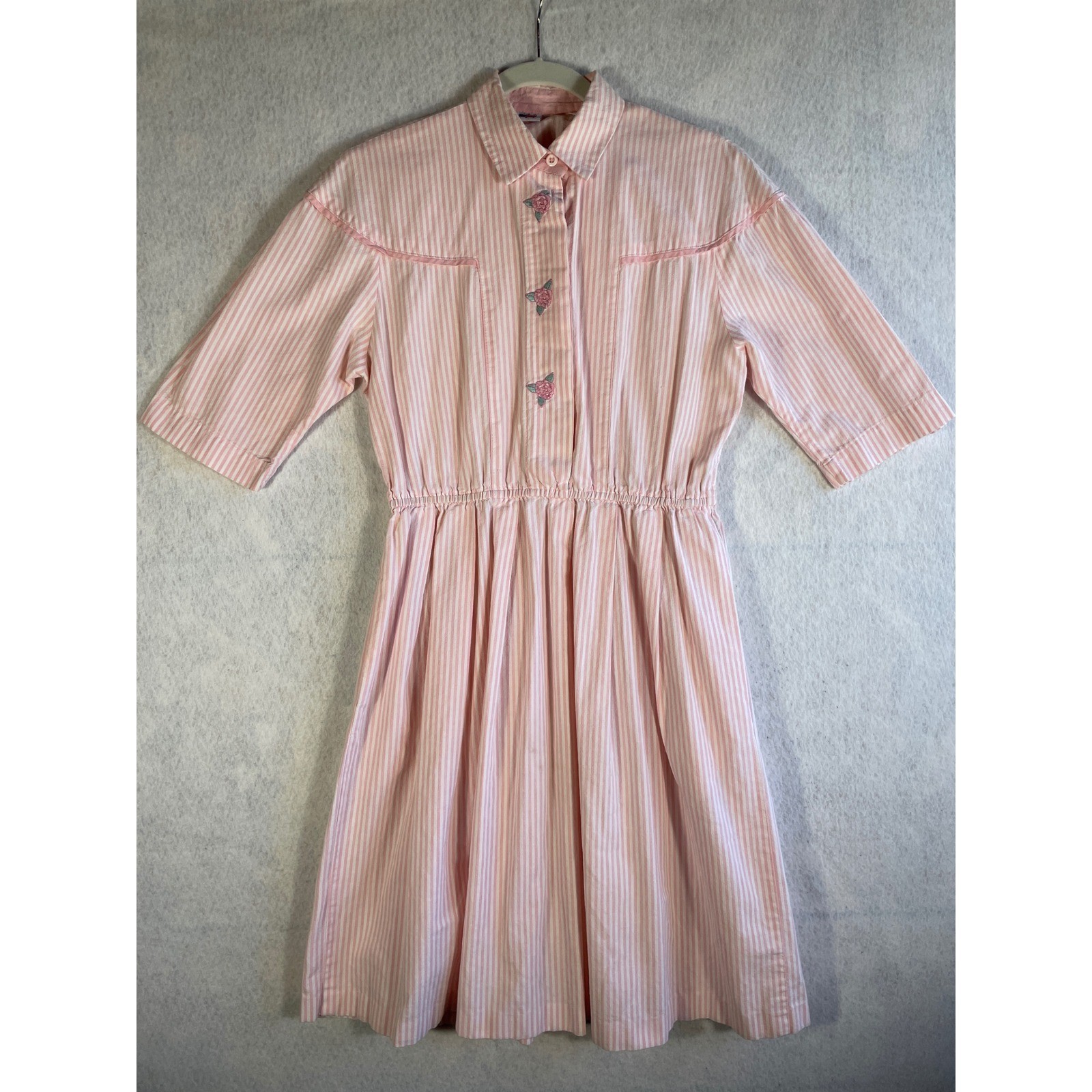 Vintage Pink Western Pin Stripe Dress Rose Embroidery Pockets USA Made Cotton